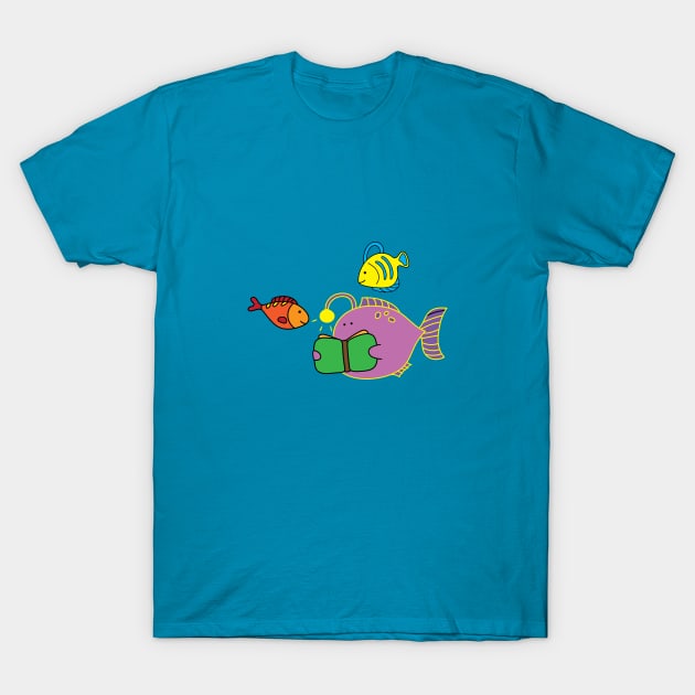 funny cute lanternfish reading book with friends T-Shirt by wordspotrayal